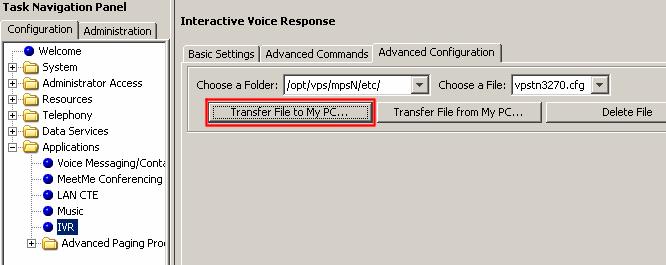 34 Chapter 2 Installing Interactive Voice Response b From the Choose a File pull-down list, select the vpstn3270.cfg file. c d e f g h i Click Transfer File to My PC. The Save window opens.