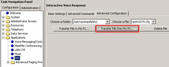 Chapter 2 Installing Interactive Voice Response 35 j From the Business Element Manager, in the Advanced Configuration tab, click Transfer File From my PC. The Save window opens.