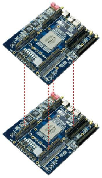 Figure 2.5. The two DE3 boards stacked and the JTAG path is established through HSTC connector A.