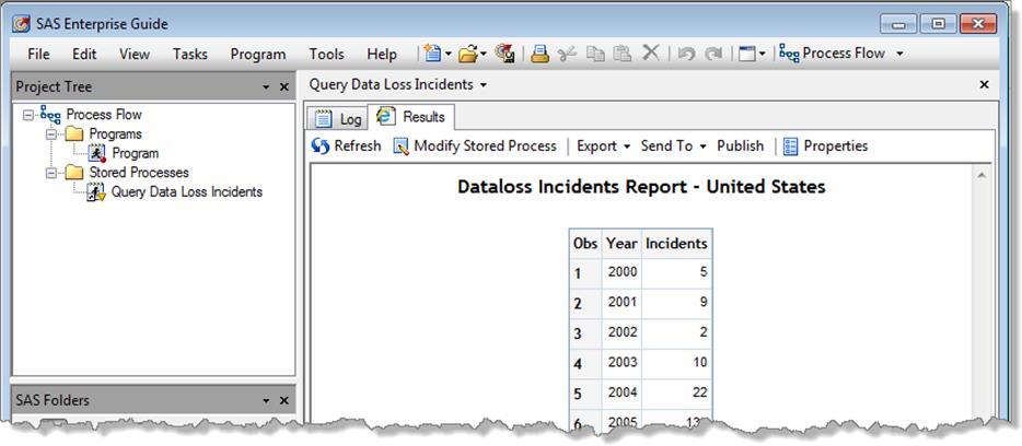REVIEW THE RESULTS The results appear in process flow area and a Stored Processes folder is added to the Project Tree pane. Click the Log tab to review the job. Figure 11.