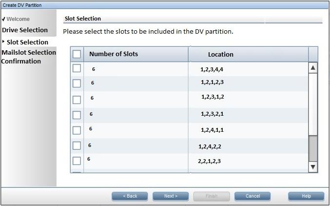 11. On the MailSlot Selection screen, select the mail slots that you want to included in the DV partition and click Next.