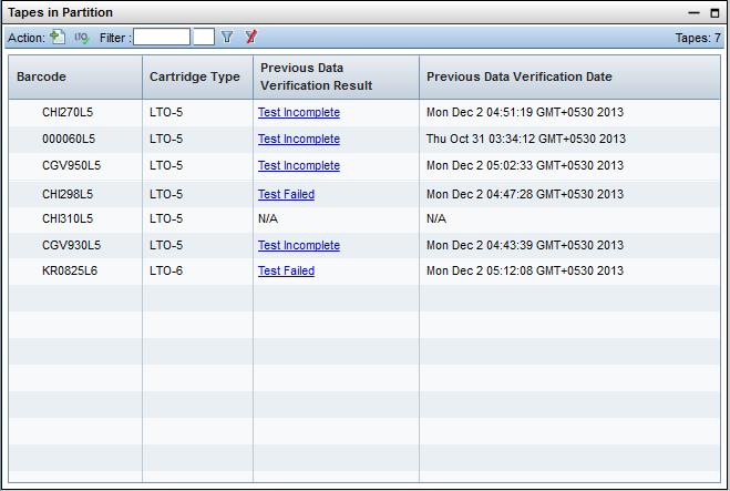 Tapes in Partition lists the tapes present in the data verification partition; see Viewing tapes that are present in the data verification partition (page 126).