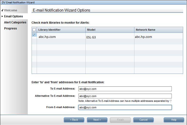 4. Select the libraries that require email notifications. 5. Enter to and from email addresses for the notifications.