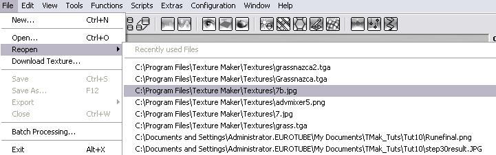 The additional menu gives a list of the last 8 textures that you have opened.