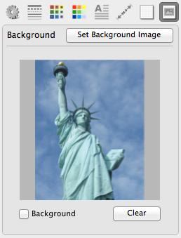 Setting a Background Image Sidebar _ Background panel Select Background Image Button will open a file open dialog to select the background image BG Image Thumbnail The thumbnail image of the selected