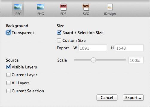 Exporting Designs Menu _ File _ Export Type Select the export type: JPEG, PNG, PDF, SVG or idesign Background Supports Transparent option for a transparent background for PNG type images.