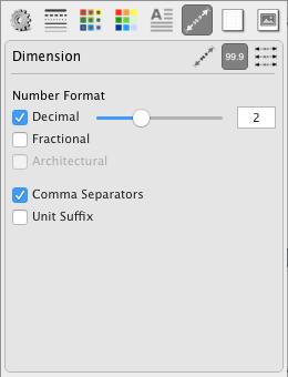 Sidebar _ Dimension panel _ Number Format Decimal Places Number of decimal places for the displayed dimension value Fractional Format Display the value in fractional, useful when Feet and Inches are