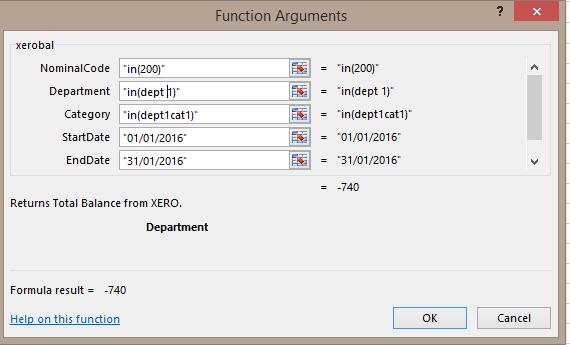 Select the XeroBal option in the select a function box and click OK The function arguments window (shown below) will appear, where you can enter nominal code, department, category, date from and date