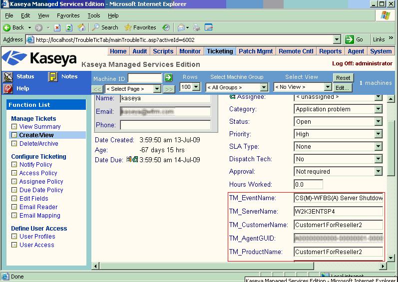 Kaseya Email Settings When an event is triggered, Kaseya