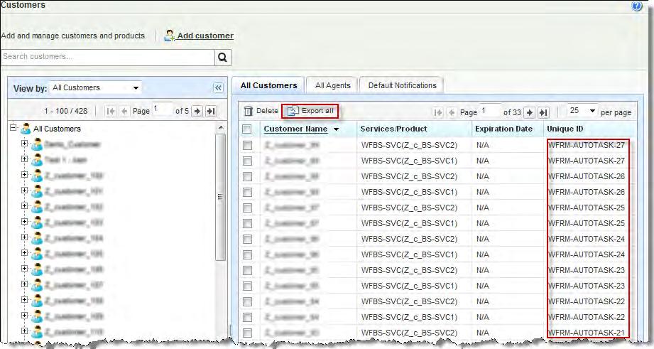 6. Click Customers > All Customers. The All Customers tab appears with customer information and unique IDs. FIGURE 1-7. Customers> All Customers Tab with Unique IDs 7.