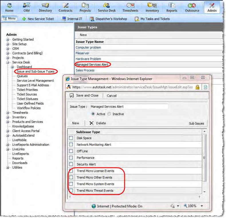 Settings in Autotask 1. In Autotask, add the following fields to the ticketing system in order to show WFRM notifications (Admin > Service Desk > Issue and Sub-Issue Types > Managed Services Alert).