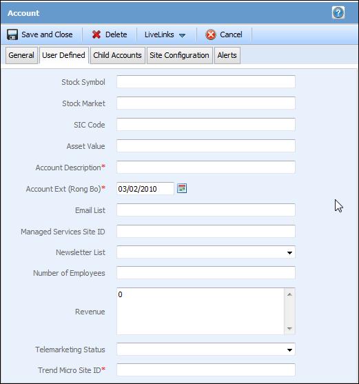 4. Input the WFRM unique ID in the new Trend Micro Site ID field as on the following screen (CRM > Accounts > select Account > edit Account).