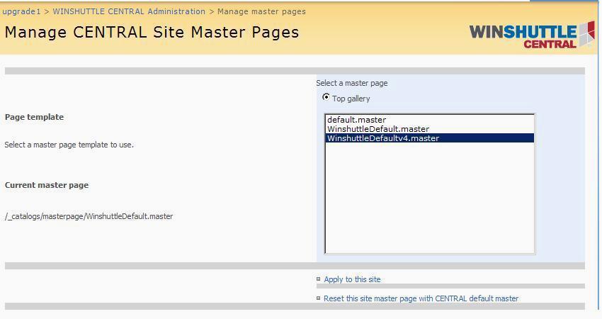 branding guidelines. 1. Click WINSHUTTLE CENTRAL Administration. Figure 5.4: Manage CENTRAL master pages 2.