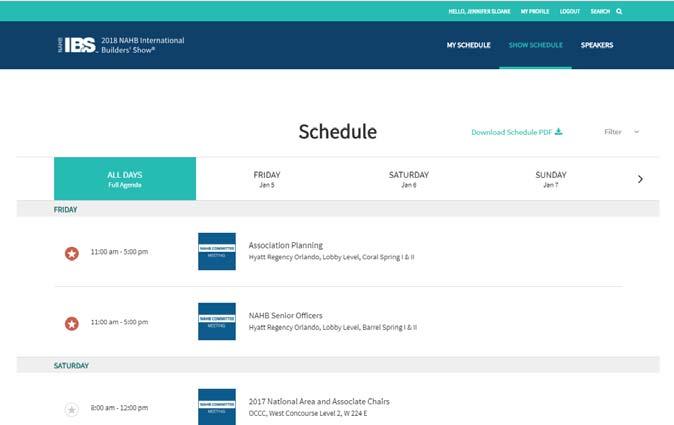 To add new items to your agenda, you can go to Show Schedule and see all meetings, events and education by day, or you can search for specific meetings, events and education by clicking the