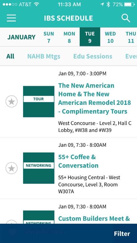 By default, the schedule will show All, but you can apply a filter to see just NAHB meetings, IBS Education sessions or events. 3.