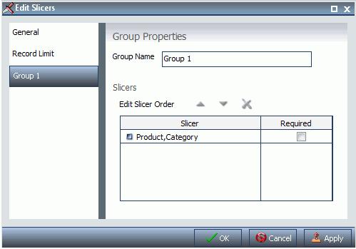 1. Building Dashboards and Applications in InfoAssist Group Tab Use the Group tab, shown in the following image, to change the name of the group, change the order of the slicers in the group, and set