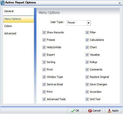 Creating Active Technologies Components With InfoAssist Menu Options Tab Use the Menu Options tab to select a user type and select which options to display in the menu.