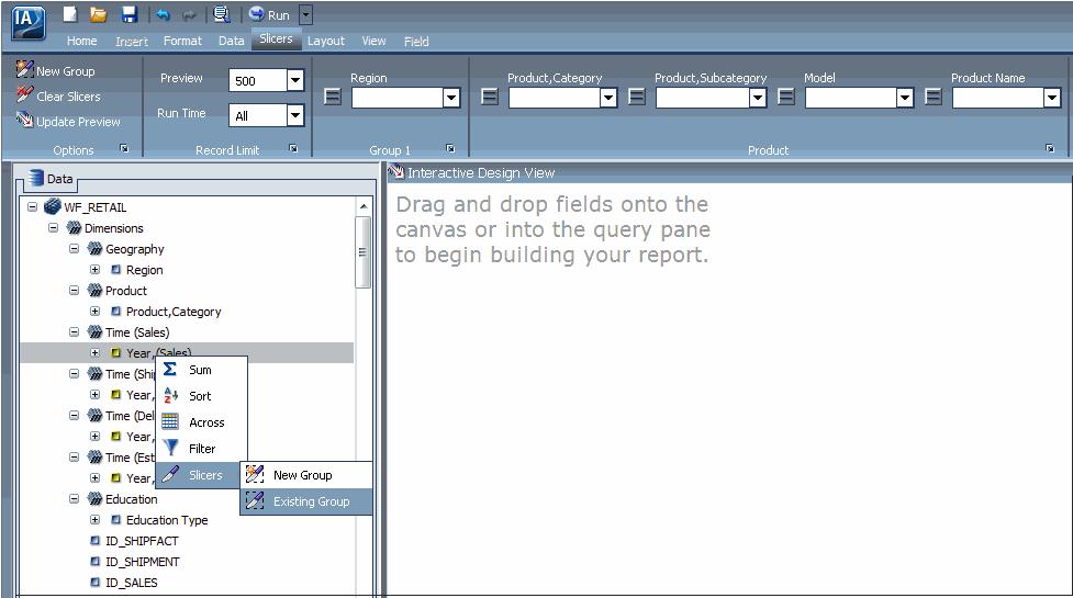1. Building Dashboards and Applications in InfoAssist Procedure: How to Add a Field to an Existing Slicer Group 1. Click the Slicers tab. 2.