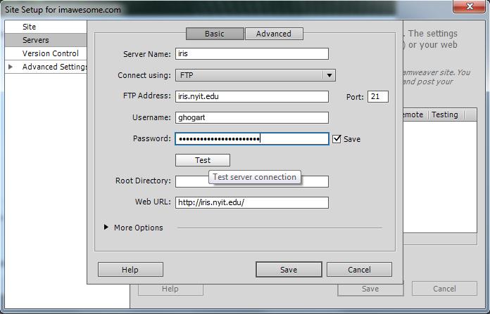 STEP 4. Fill in the required text fields [FOR PC/WINDOWS]: a. Server Name: iris b. Connect using: FTP c. FTP Address: iris.nyit.edu d. Port: 21 e.