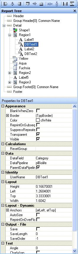Appendix A: Toolbars 121 THE REPORT TREE The Report Tree can be used to view the components within each band. Components selected in the Report Tree become the selection in the report layout.
