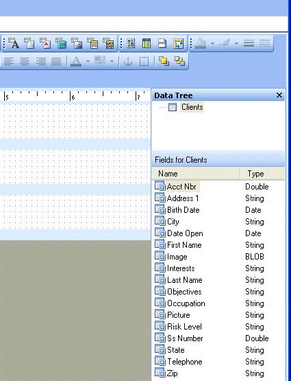 5 Hold down your left mouse button and drag the mouse down until you can see all of the field names listed in the bottom part of the Data Tree.