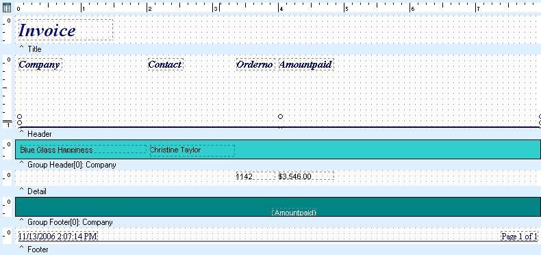 48 Invoice 3 Extend the header band to 1 1/8 inch. 4 Right-click over the line and set it to Parent- Width. 5 Drag the line to the bottom of the header band.