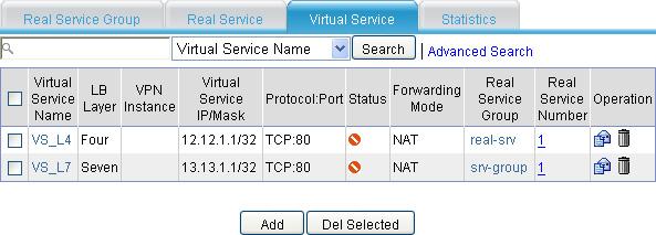 Figure 19 Virtual service To view the configurations and statistics of a real service, click the Real Service Name link of the real service.