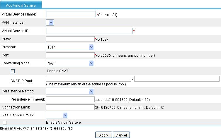 Figure 32 Creating a virtual service 4. Configure the parameters as described in Table 9. 5. Click Apply.