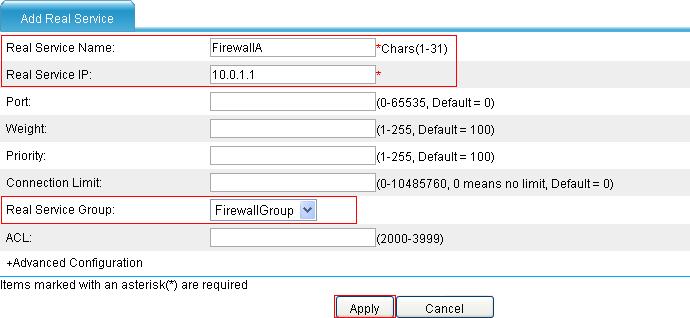 a. Click the Real Service tab. b. Click Add. The Add Real Service page appears. c. Enter the real service name FirewallA and IP address 10.0.1.1, and select the real service group FirewallGroup. d.