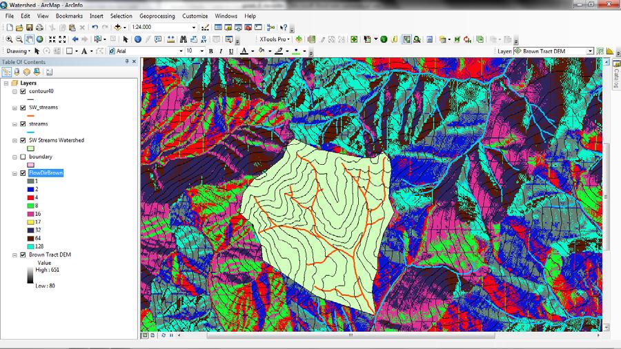 This process should have created a flow direction raster file for the entire Brown Tract. Add the resulting layer to your map document.