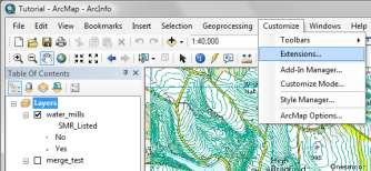 shp from the Edina Digital Terrain folder in the GIS Tutorial Data Folder. Go to the Customize menu, select Extensions. In the Extensions window, make sure the 3D Analyst checkbox is ticked.