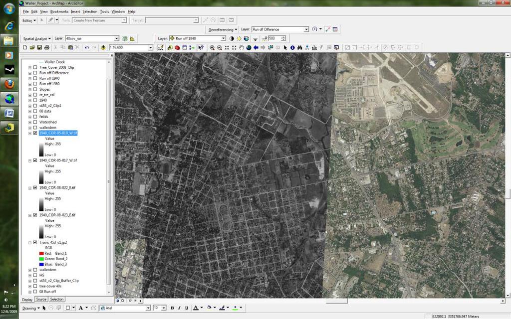 Figure 2: Georeferenced 1940's imagery with 2008 imagery Creating the Feature Classes To begin with the road file was then clipped to