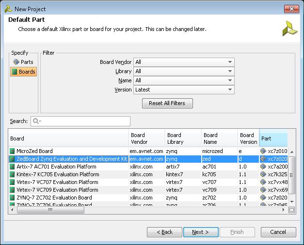 In the Default Part form, select Boards, and select Zedboard Zynq Evaluation and Development Kit.