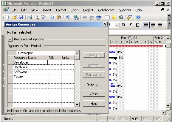 Figure 11.12: Assigning Resources to Tasks The Assign Resources dialog box contains two fields, Name and Units.
