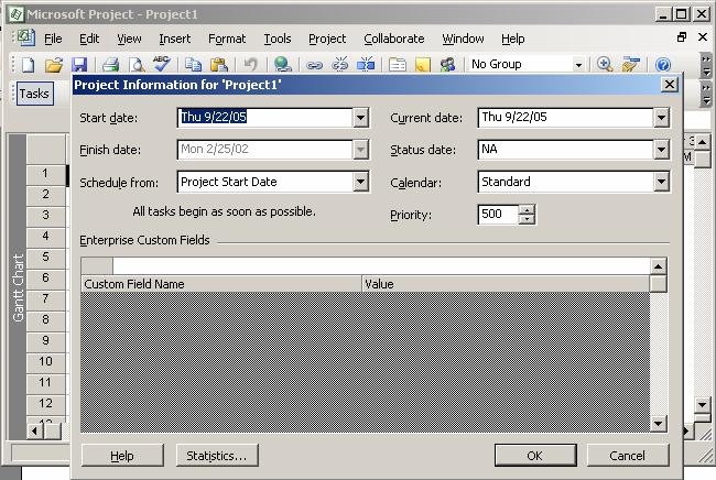5. In the Project Information dialog box, click the Statistics button to view the project statistics for the Sample-Project.mpp dialog box. This dialog box is displayed in Fig 11.16. Figure 11.