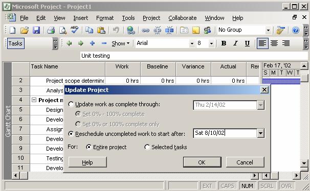Figure 11.18: Rescheduling Tasks 6. In the Update Project dialog box, select the Reschedule uncompleted work to start after option. This option is used to reschedule an incomplete task. 7.