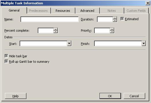 2. Click the Task information command on the Project menu. This displays the Task Information dialog box where you specify the details of the task being created. As shown in Figure 11.