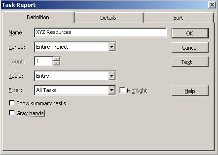 You can modify an existing standard task or a resource report by clicking the Edit button on the Custom Reports dialog box. This displays the relevant reports dialog box.