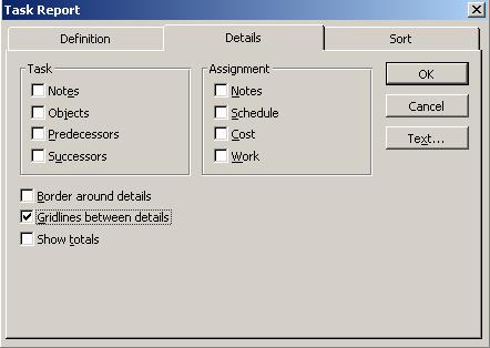 Figure 9.25: Selecting Gridlines between details Check Box. 5. Click OK to close the Task Report dialog box. In Task Report dialog box, you can display specific fields in the Definition tab.