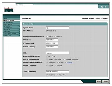 Figure 6 The redesigned GUI in the Aironet 1100 Series provides intuitive browser-based management for basic configuration of the access point.