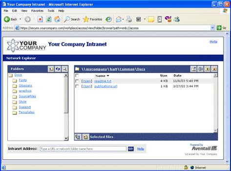 2 Aventail WorkPlace User s Guide The WorkPlace home page includes a connection status area that indicates which access methods are currently enabled, your security zone status (if applicable), and