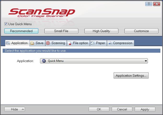 ScanSnap Setup Window ScanSnap Setup Window When you right-click the ScanSnap Manager icon in the notification area located at the far right of the taskbar, and select [Scan Button Settings] from the