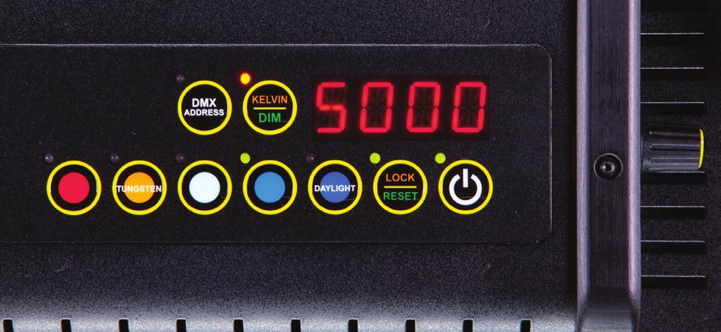 Celeb 400 DMX Control Panel A B C D E F G A) Kelvin Preset Buttons: Kelvin buttons come preset at the factory. Factory defaults left to right are: 2700K, 3200K, 4000K, 5000K, 5500K.
