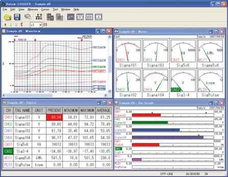 Application Software Datum-LOGGER allows you to connect up to ten Datum-Ys to analyze and process data after you perform real-time measurement and acquire data with a PC.
