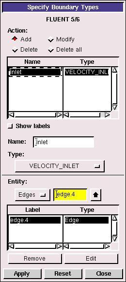 Now select the left edge by Shift-clicking on it. The selected edge should appear in the yellow box next to the Edges box you just worked with as well as the Label/Type list right under the Edges box.