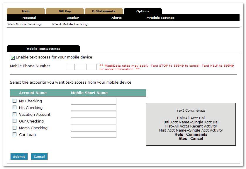 Step 3: Enter mobile phone number, select accounts to access via text, and create Mobile Short Name* for