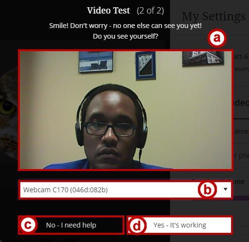 6. You will be taken to the Video Test window. The layout of the Video Test window is as follows: a. Video Preview Displays a preview of your video (See Figure 13). b. Camera Selection Dropdown Select your camera for the session (See Figure 13).