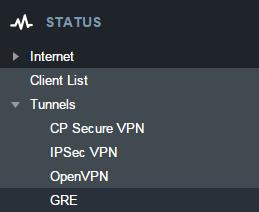 To add and configure CP Secure VPN Tunnels, go to NETWORKING > Tunnels > CP Secure VPN. IPSEC VPN Displays status of your IPSec VPN Tunnels.