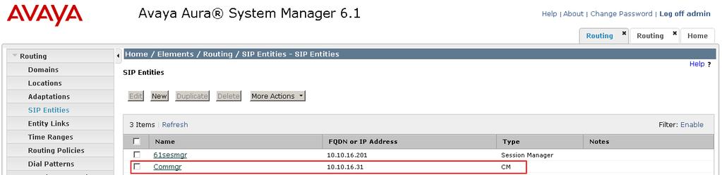 6.5 Configure Avaya Aura Communication Manager Entity Click Home Elements Routing SIP Entities New assign an identifying Name, the FQDN or IP Address for the C-LAN,