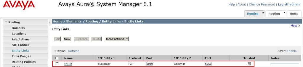 1 Administer SIP Entity Link from Avaya Aura Session Manager to Avaya Aura Communication Manager Click on Home Elements Routing Entity Links New assign an identifying Name choose the